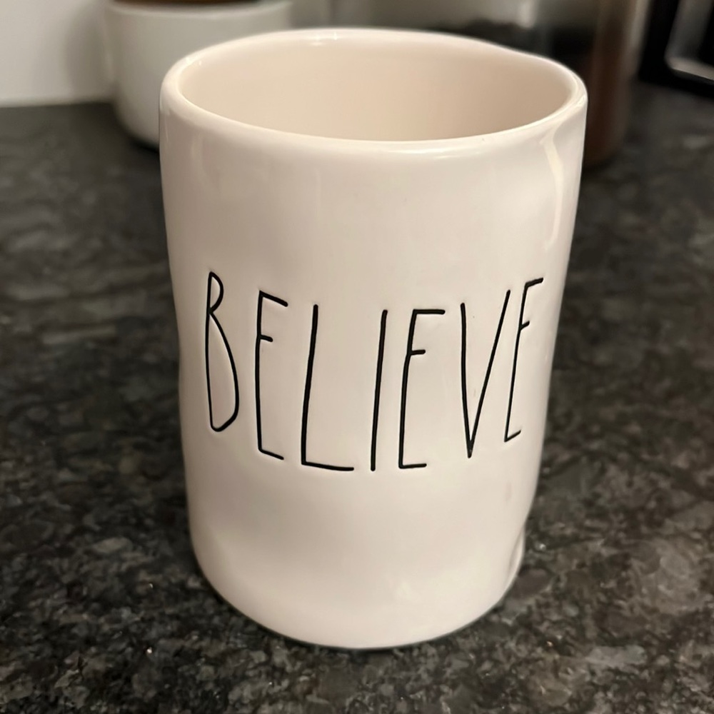 Rae Dunn cup. BELIEVE. Like new. Candle holder.
